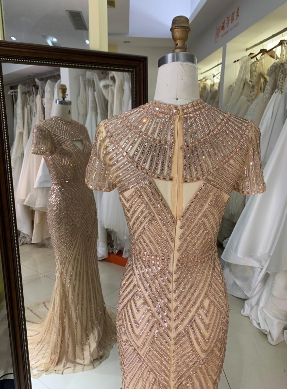 Luxury Gold Mermaid Evening Dress for Bride Elegant Cap Sleeves Beaded Formal Party Gowns with Sleeves