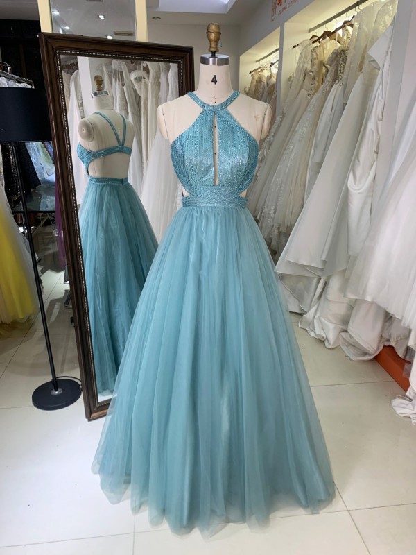 Fashionable Sleeveless A-line Sexy Lace-up Tulle Floor-Length Prom Dress Floor-Length Gowns