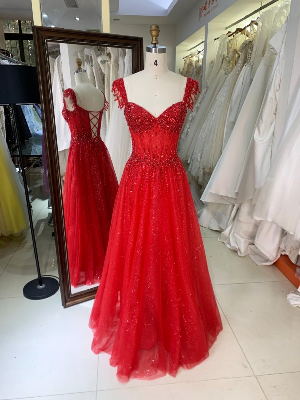 Luxury Prom Dress Sexy Red Color Aline V Neck with Beading and Lace up Back