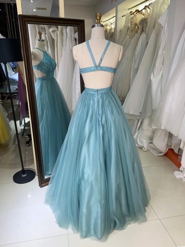 Fashionable Sleeveless A-line Sexy Lace-up Tulle Floor-Length Prom Dress Floor-Length Gowns