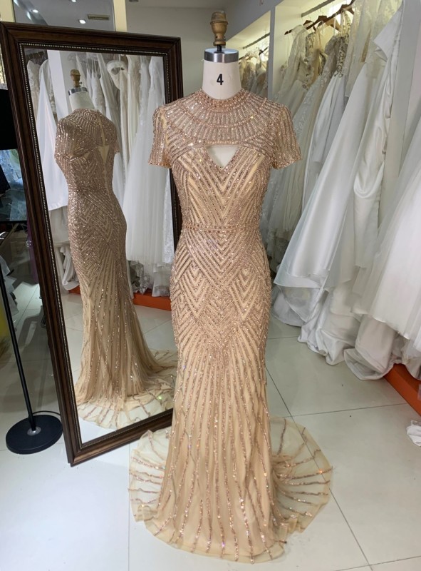 Luxury Gold Mermaid Evening Dress for Bride Elegant Cap Sleeves Beaded Formal Party Gowns with Sleeves