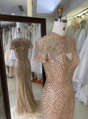 Luxury Gold Mermaid Evening Dress for Bride Elegant Cap Sleeves Beaded Formal Party Gowns with Sleeves