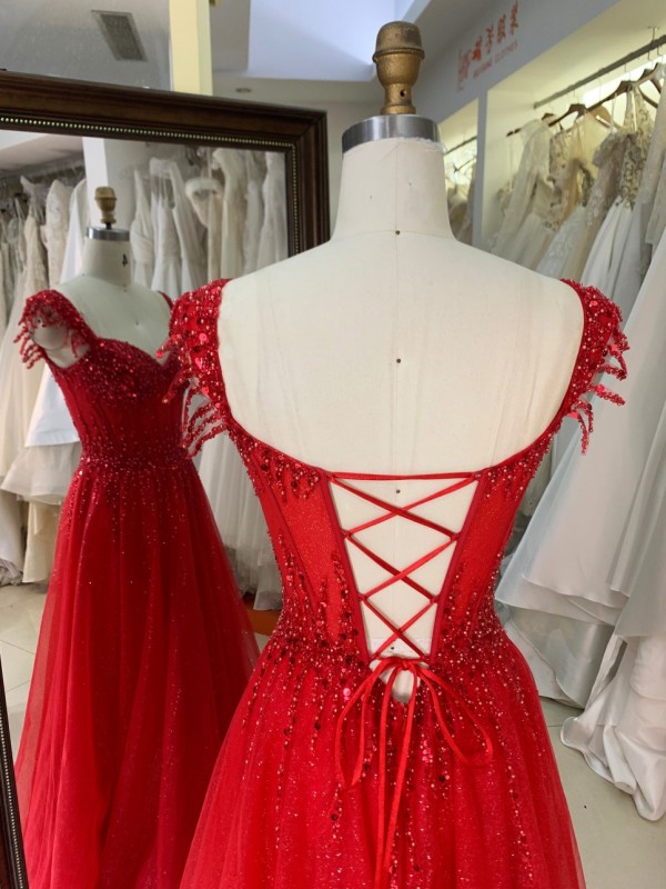 Luxury Prom Dress Sexy Red Color Aline V Neck with Beading and Lace up Back