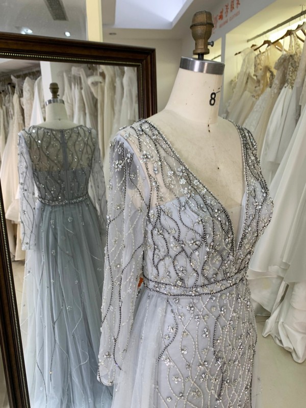 V Neckline Tulle a Line Women Dresses with Long Sleeve Beaded With Crystal Evening Gown for Women