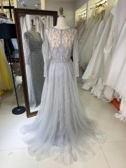 V Neckline Tulle a Line Women Dresses with Long Sleeve Beaded With Crystal Evening Gown for Women