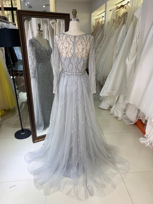 V Neckline Tulle a Line Women Dresses with Long Sleeve Beaded With Crystal Evening Gown for Women