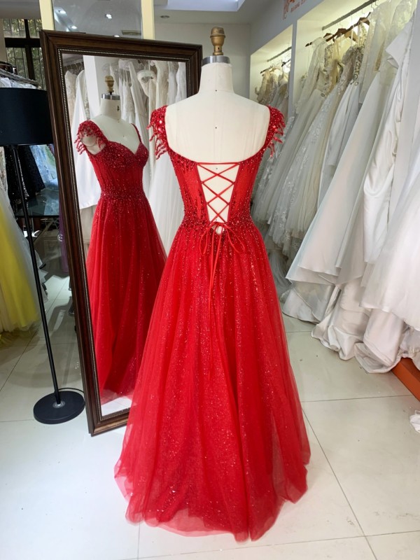 Luxury Prom Dress Sexy Red Color Aline V Neck with Beading and Lace up Back