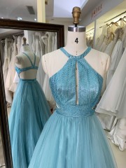 Fashionable Sleeveless A-line Sexy Lace-up Tulle Floor-Length Prom Dress Floor-Length Gowns