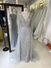 V Neckline Tulle a Line Women Dresses with Long Sleeve Beaded With Crystal Evening Gown for Women