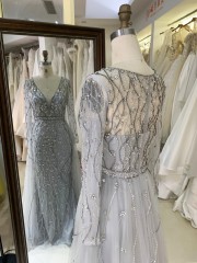 V Neckline Tulle a Line Women Dresses with Long Sleeve Beaded With Crystal Evening Gown for Women