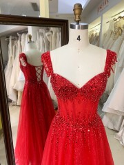 Luxury Prom Dress Sexy Red Color Aline V Neck with Beading and Lace up Back