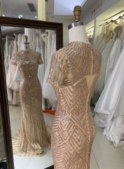 Luxury Gold Mermaid Evening Dress for Bride Elegant Cap Sleeves Beaded Formal Party Gowns with Sleeves