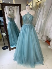 Modern High-End Green Halter Neck Sexy Backless Tulle Floor-Length Prom Dress with Beading Bodice