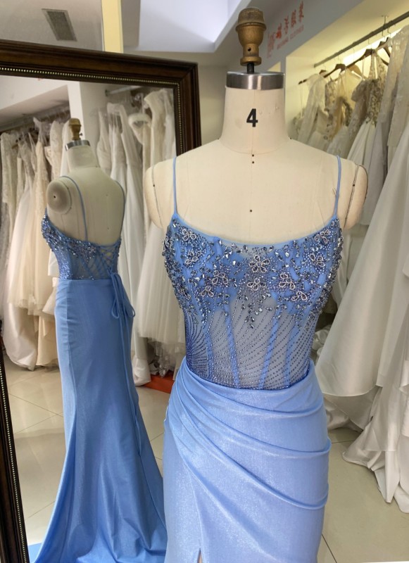 Light Blue Prom Dresses Satin Mermaid Formal Gown Beaded Illusion Bodice Spaghetti Strap High Slit Floor-Length Dress