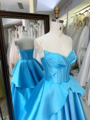 Sky Blue Satin Ball Gown with Beaded Floor-Length Evening Formal Dress Blue Color Prom Dresses