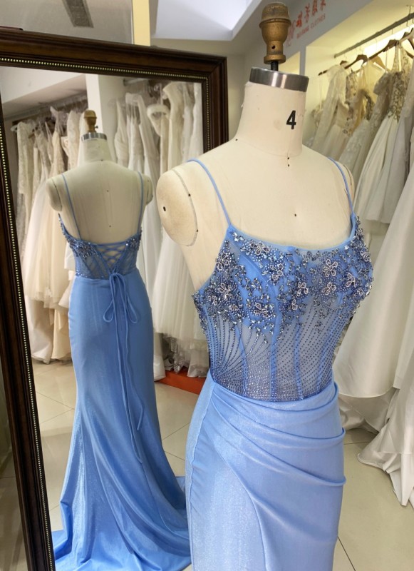 Light Blue Prom Dresses Satin Mermaid Formal Gown Beaded Illusion Bodice Spaghetti Strap High Slit Floor-Length Dress