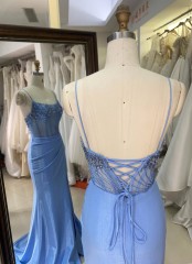 Light Blue Prom Dresses Satin Mermaid Formal Gown Beaded Illusion Bodice Spaghetti Strap High Slit Floor-Length Dress