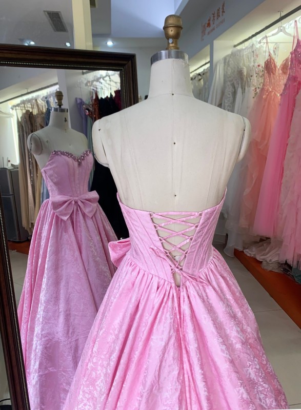 New America Wholesale pink Floor-Length Ball Gown Satin Breathable Ruffle Party Dresses for Ladies Young Girl with Bowknot