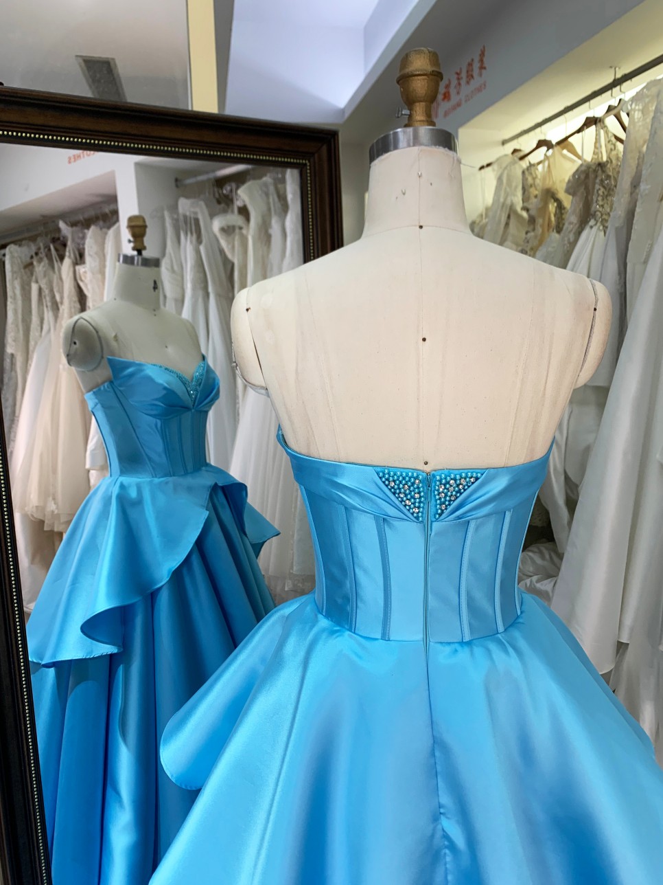 Sky Blue Satin Ball Gown with Beaded Floor-Length Evening Formal Dress Blue Color Prom Dresses