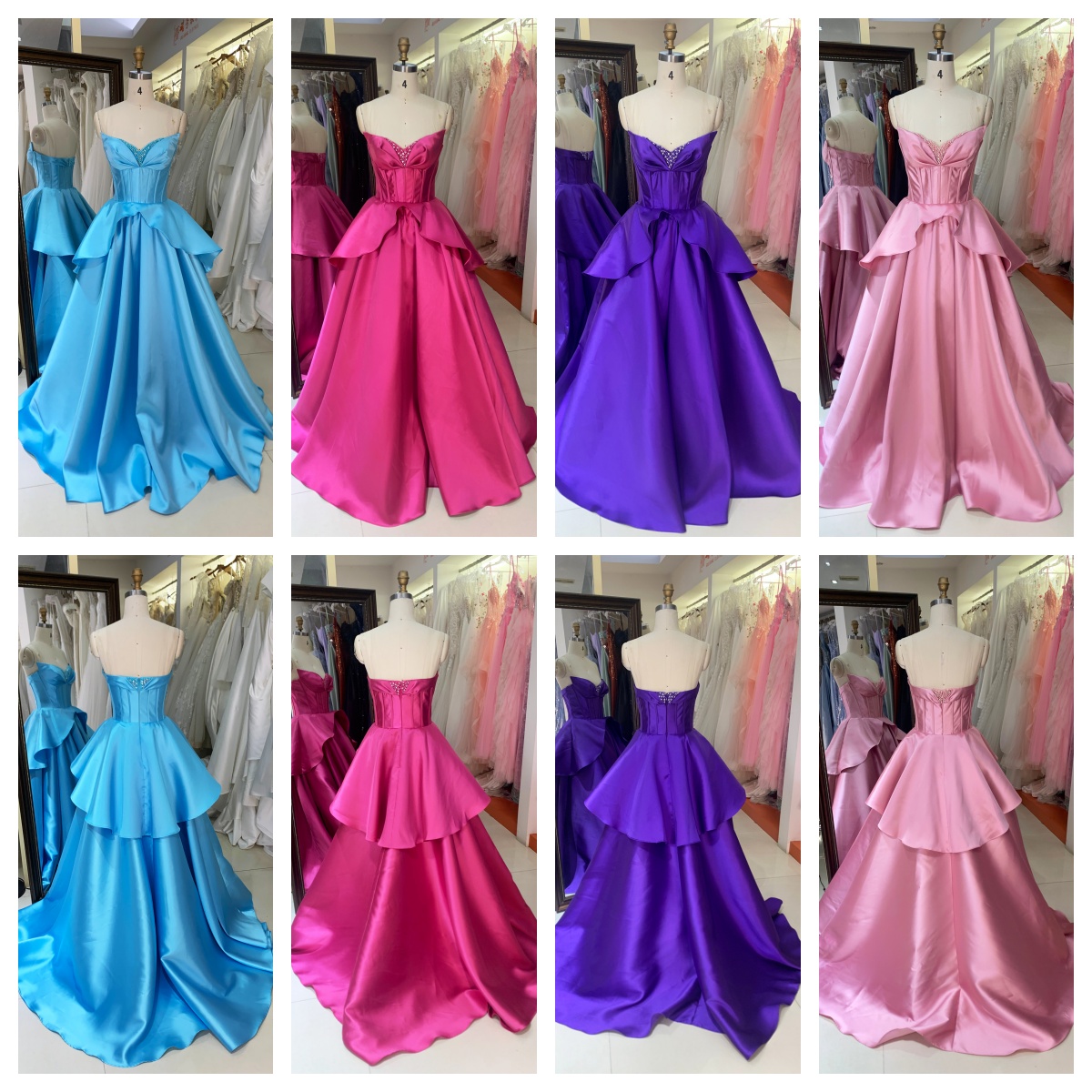 Sky Blue Satin Ball Gown with Beaded Floor-Length Evening Formal Dress Blue Color Prom Dresses