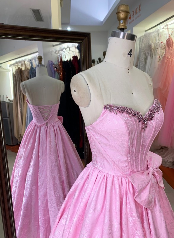 New America Wholesale pink Floor-Length Ball Gown Satin Breathable Ruffle Party Dresses for Ladies Young Girl with Bowknot