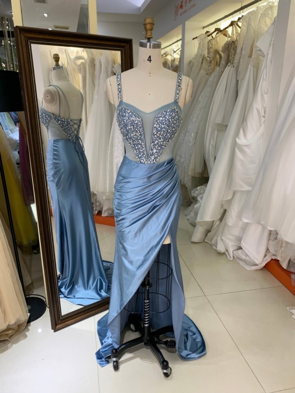 New Luxurye Smoky Blue Chain Beading Long Gowns Evening Dresses Beaded Heavy Prom Dress