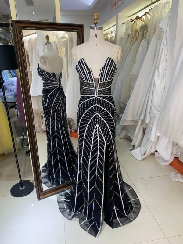 Wholesale Shiny Satin Fabric Sexy Evening Party Dress with High Slit Clubwear Evening Long Party Dress