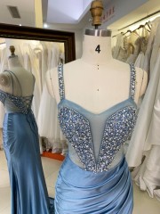 New Luxurye Smoky Blue Chain Beading Long Gowns Evening Dresses Beaded Heavy Prom Dress