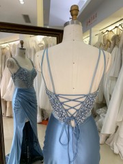 New Luxurye Smoky Blue Chain Beading Long Gowns Evening Dresses Beaded Heavy Prom Dress