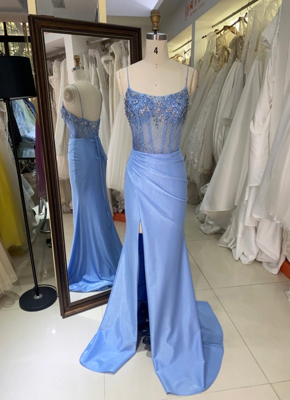 Light Blue Prom Dresses Satin Mermaid Formal Gown Beaded Illusion Bodice Spaghetti Strap High Slit Floor-Length Dress