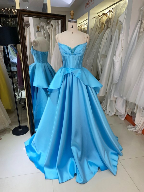 Sky Blue Satin Ball Gown with Beaded Floor-Length Evening Formal Dress Blue Color Prom Dresses