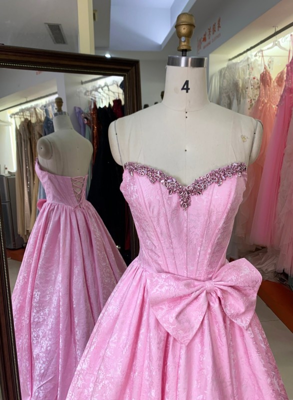 New America Wholesale pink Floor-Length Ball Gown Satin Breathable Ruffle Party Dresses for Ladies Young Girl with Bowknot
