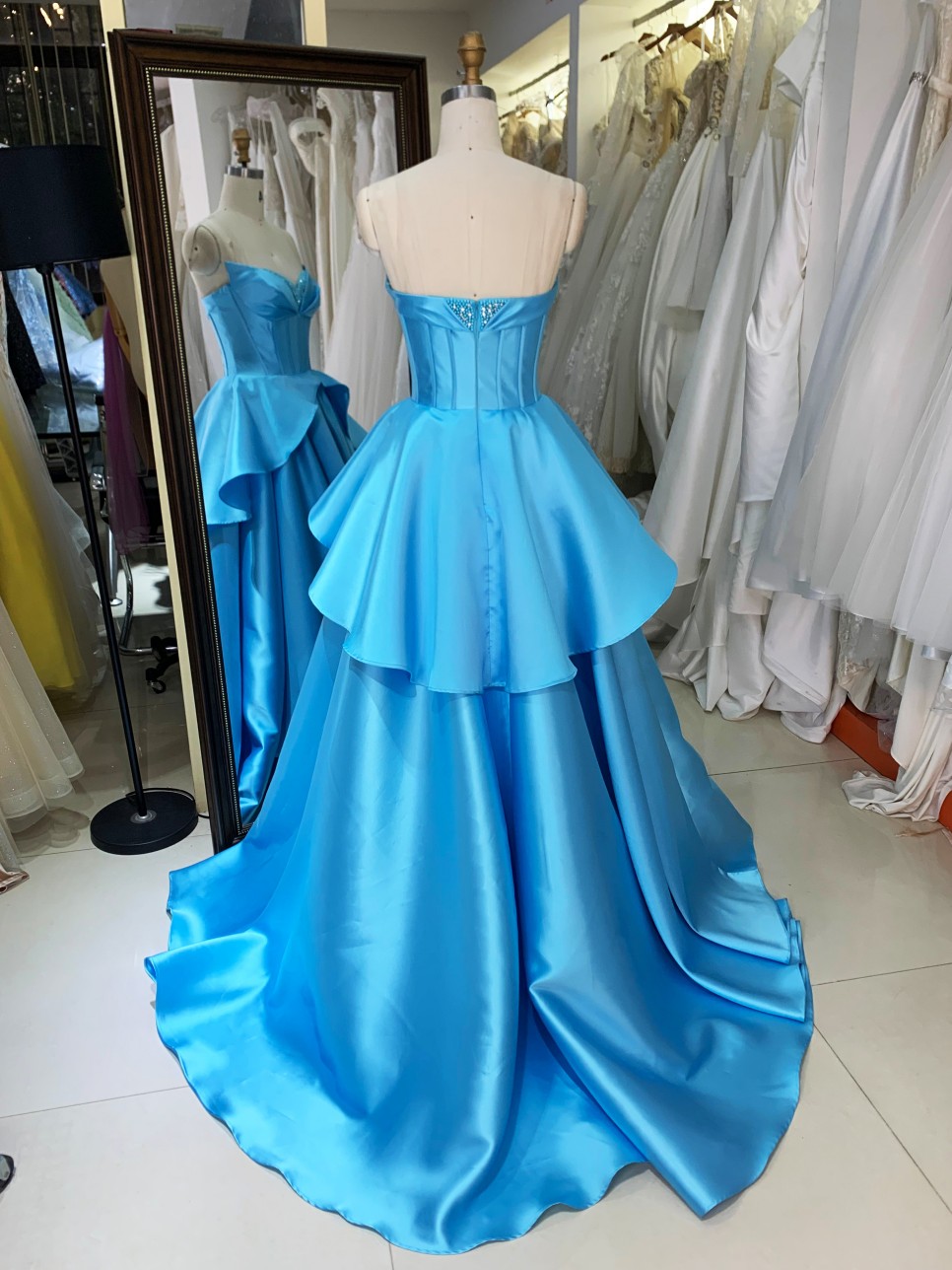 Sky Blue Satin Ball Gown with Beaded Floor-Length Evening Formal Dress Blue Color Prom Dresses