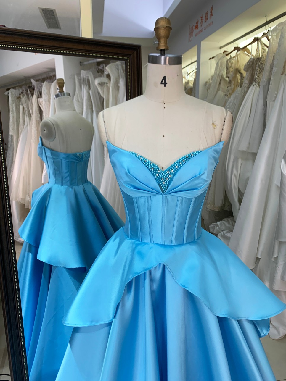 Sky Blue Satin Ball Gown with Beaded Floor-Length Evening Formal Dress Blue Color Prom Dresses