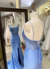 Light Blue Prom Dresses Satin Mermaid Formal Gown Beaded Illusion Bodice Spaghetti Strap High Slit Floor-Length Dress