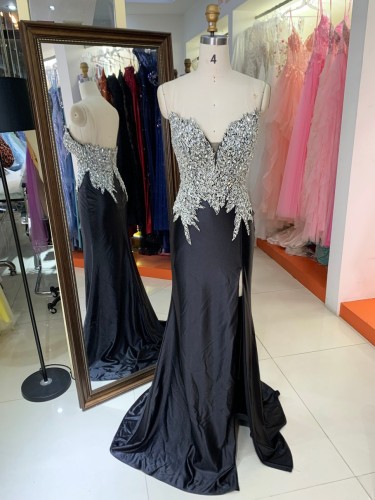 Wholesale Shiny Satin Fabric Sexy Evening Party Dress with High Slit Clubwear Evening Long Party Dress