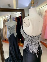 Wholesale Shiny Satin Fabric Sexy Evening Party Dress with High Slit Clubwear Evening Long Party Dress