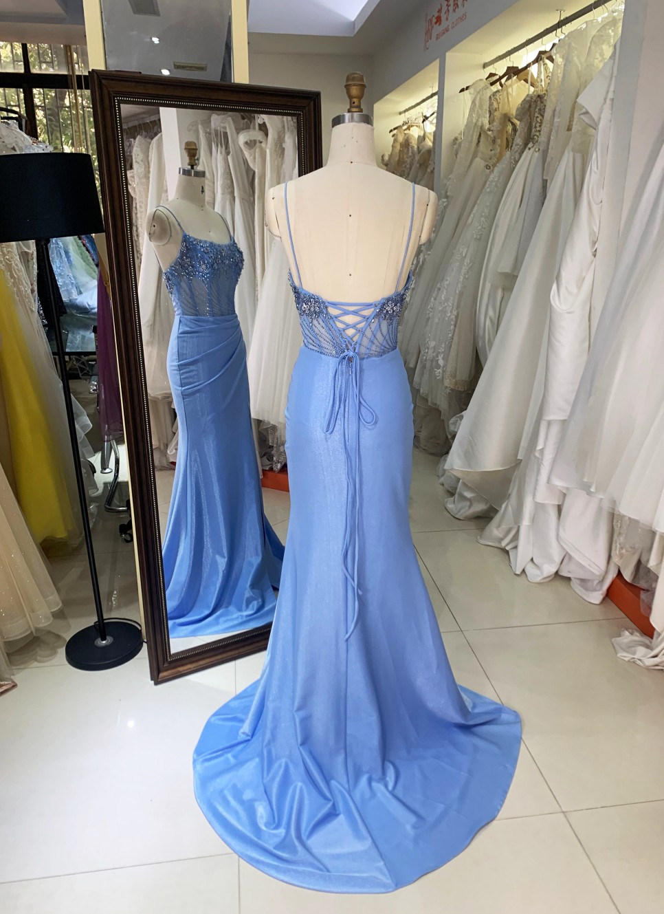 Light Blue Prom Dresses Satin Mermaid Formal Gown Beaded Illusion Bodice Spaghetti Strap High Slit Floor-Length Dress