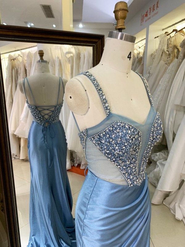 New Luxurye Smoky Blue Chain Beading Long Gowns Evening Dresses Beaded Heavy Prom Dress