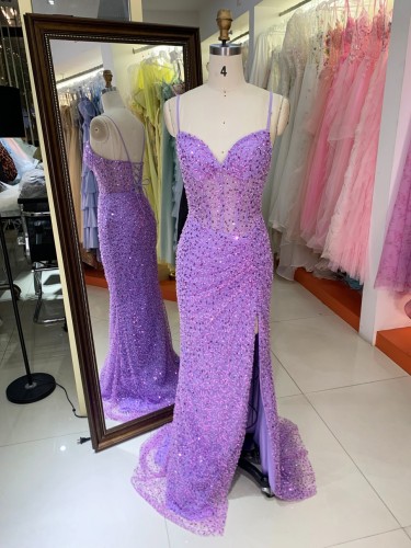 Sparkly Purple Sequined Formal Gown High Slit Train Mermaid Party Evening Dress for Women