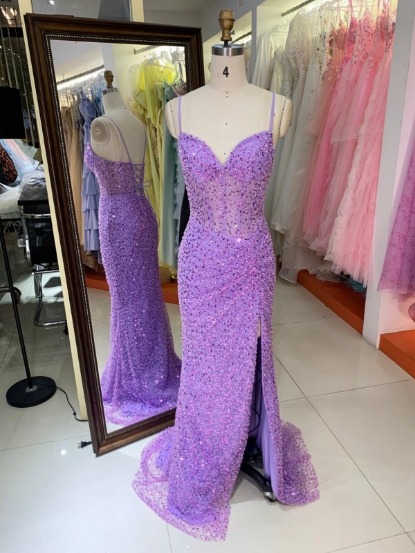 Sparkly Purple Sequined Formal Gown High Slit Train Mermaid Party Evening Dress for Women