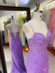 Sparkly Purple Sequined Formal Gown High Slit Train Mermaid Party Evening Dress for Women