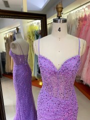 Sparkly Purple Sequined Formal Gown High Slit Train Mermaid Party Evening Dress for Women