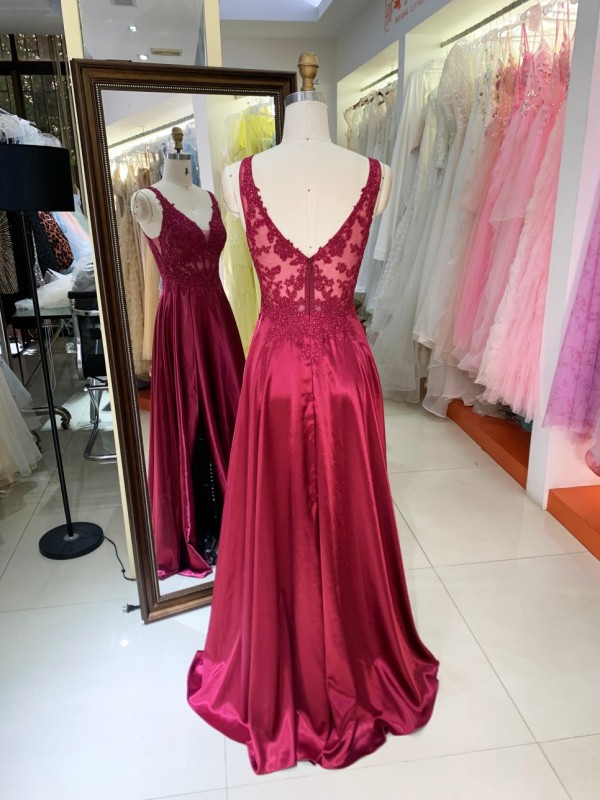 Burgundy Floor Length Wide Straps V Back Sleeveless Formal Prom Dresses Elegant Evening Dresses for Women