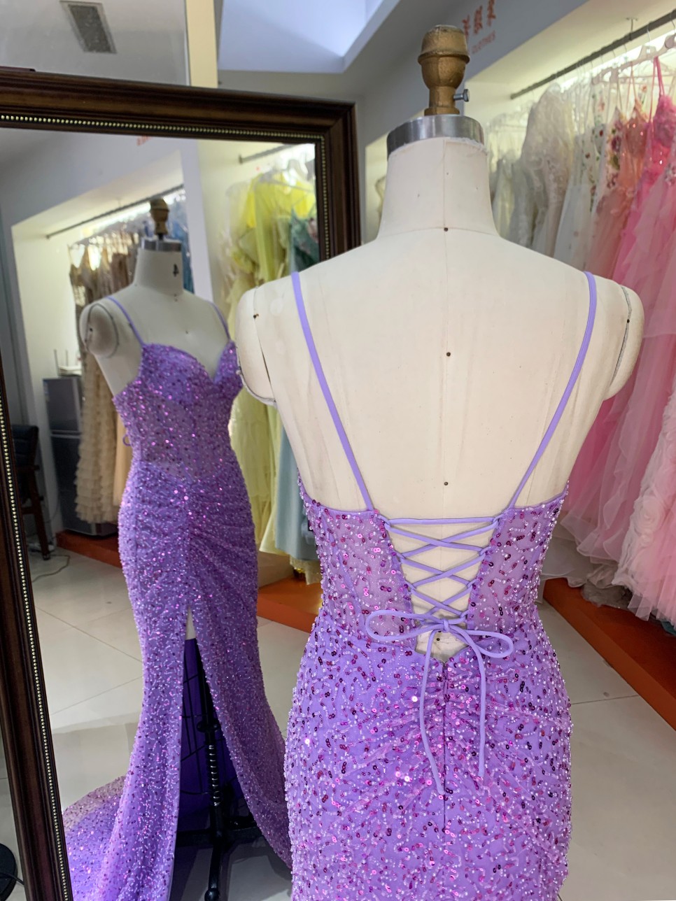 Sparkly Purple Sequined Formal Gown High Slit Train Mermaid Party Evening Dress for Women