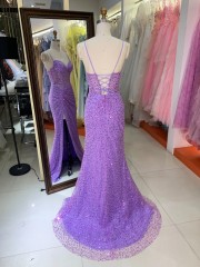 Sparkly Purple Sequined Formal Gown High Slit Train Mermaid Party Evening Dress for Women