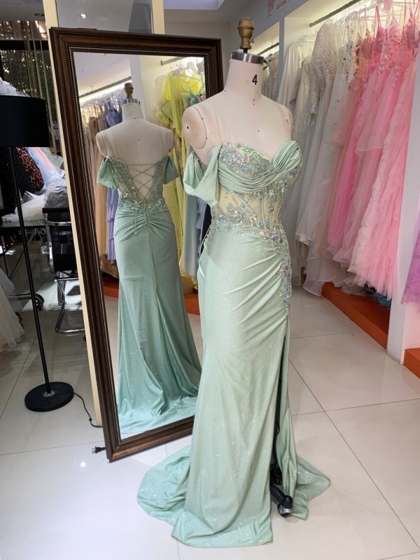 Light Green Satin Long Evening Dress off Shoulder Floor Length with Formal Party Evening Dresses for Women
