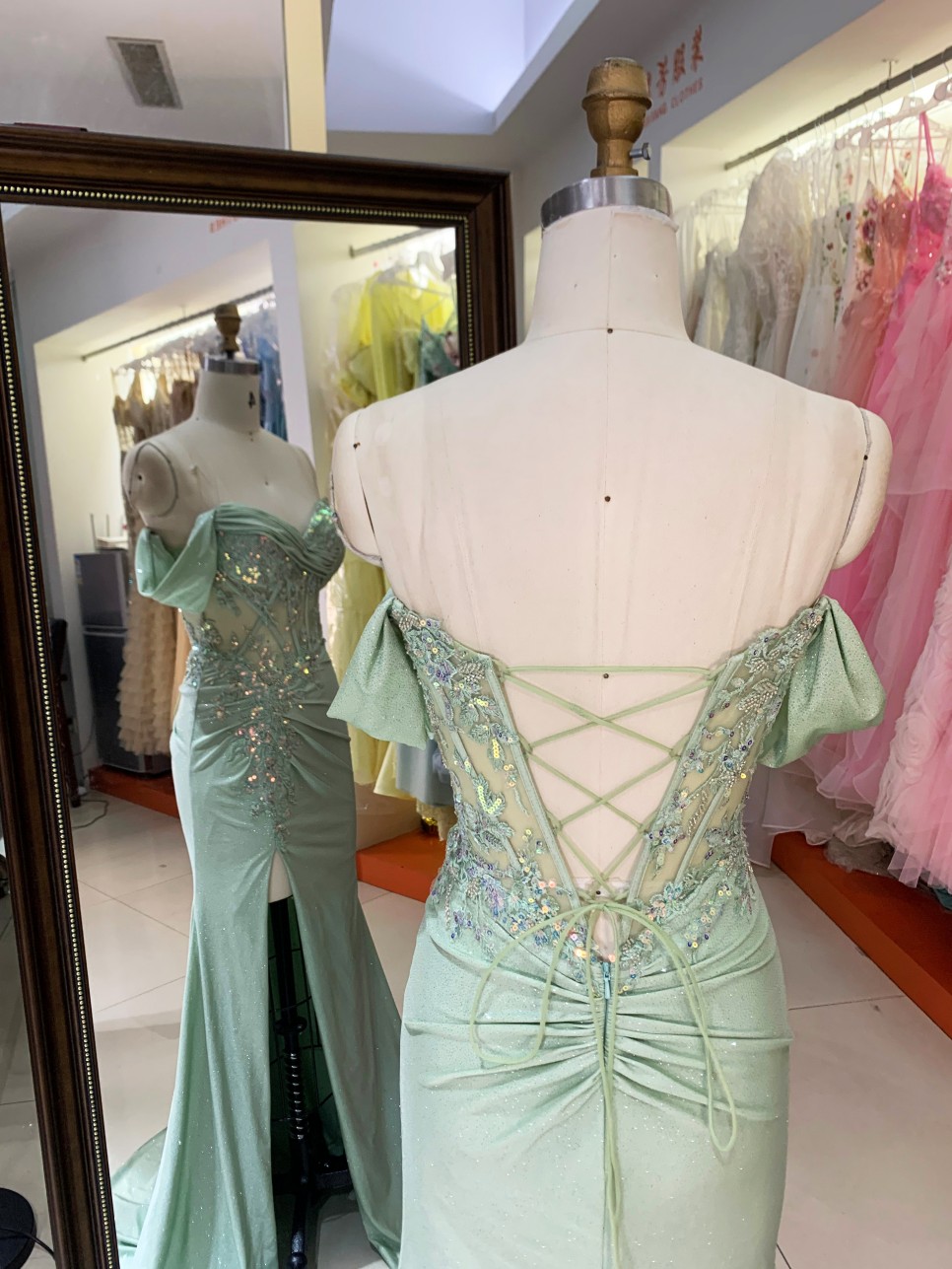 Light Green Satin Long Evening Dress off Shoulder Floor Length with Formal Party Evening Dresses for Women