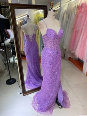 Sparkly Purple Sequined Formal Gown High Slit Train Mermaid Party Evening Dress for Women