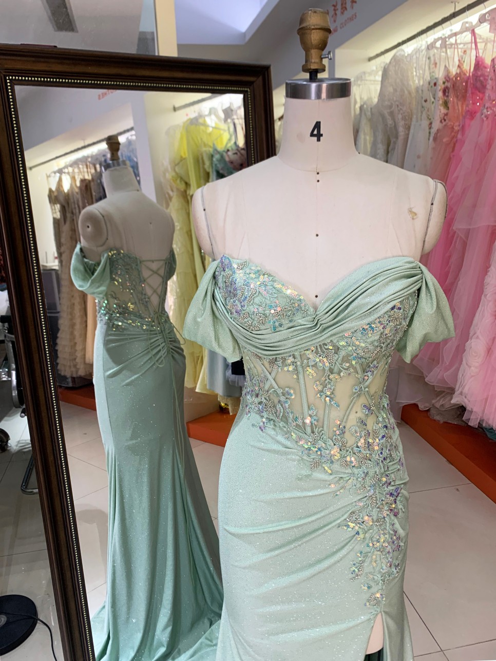 Light Green Satin Long Evening Dress off Shoulder Floor Length with Formal Party Evening Dresses for Women